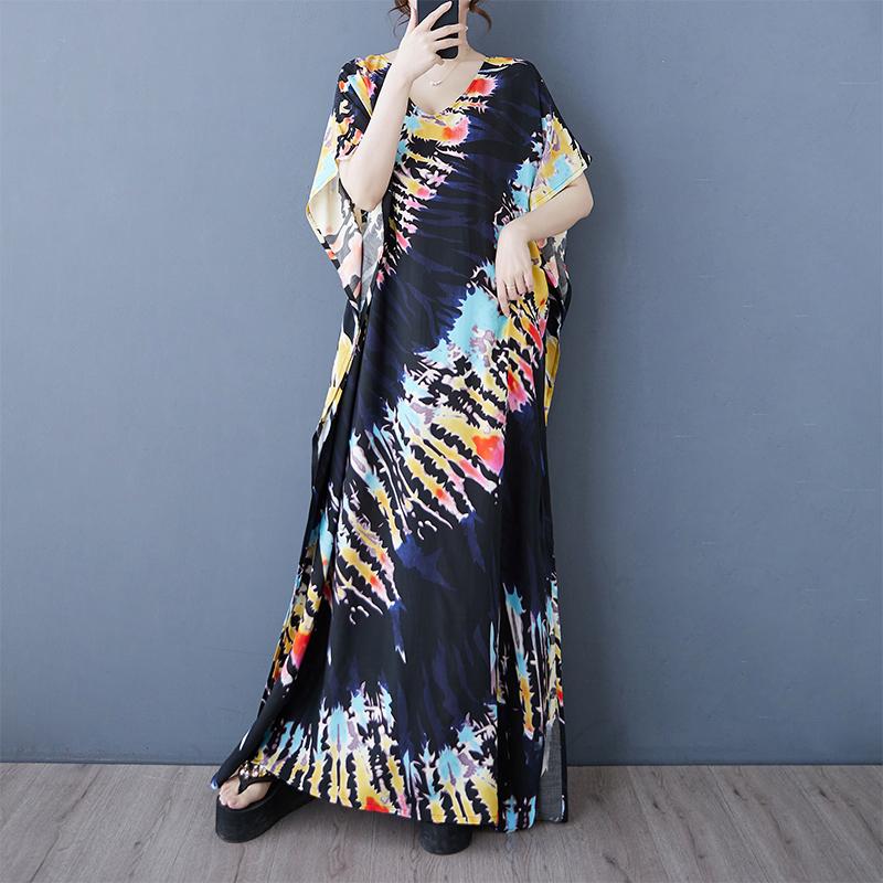 DIMANAF 2025 Summer Women Plus Size Dress Printing Dress Basic Casual Vintage Loose Linen Maxi V-Neck
