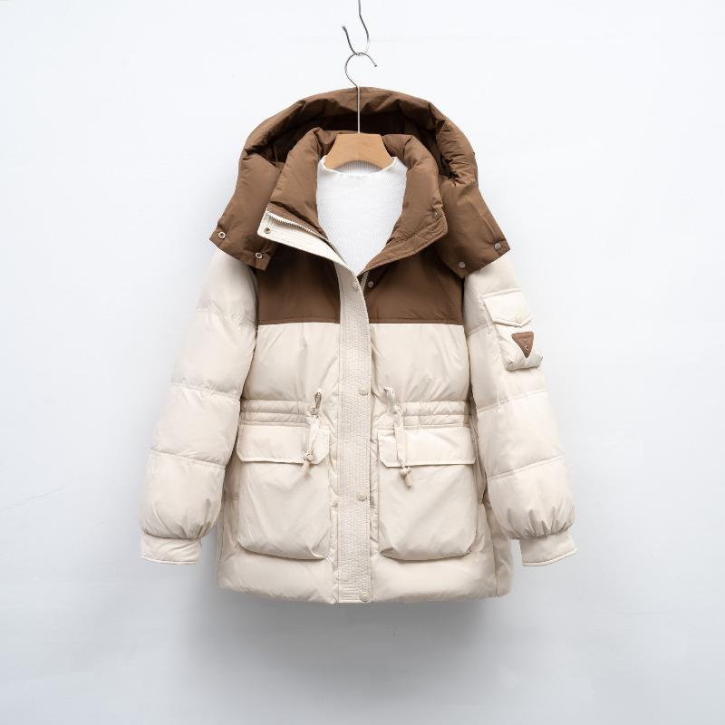 Loose color matching hooded warm winter bread clothes white duck down zipper long sleeves thickened down jacket