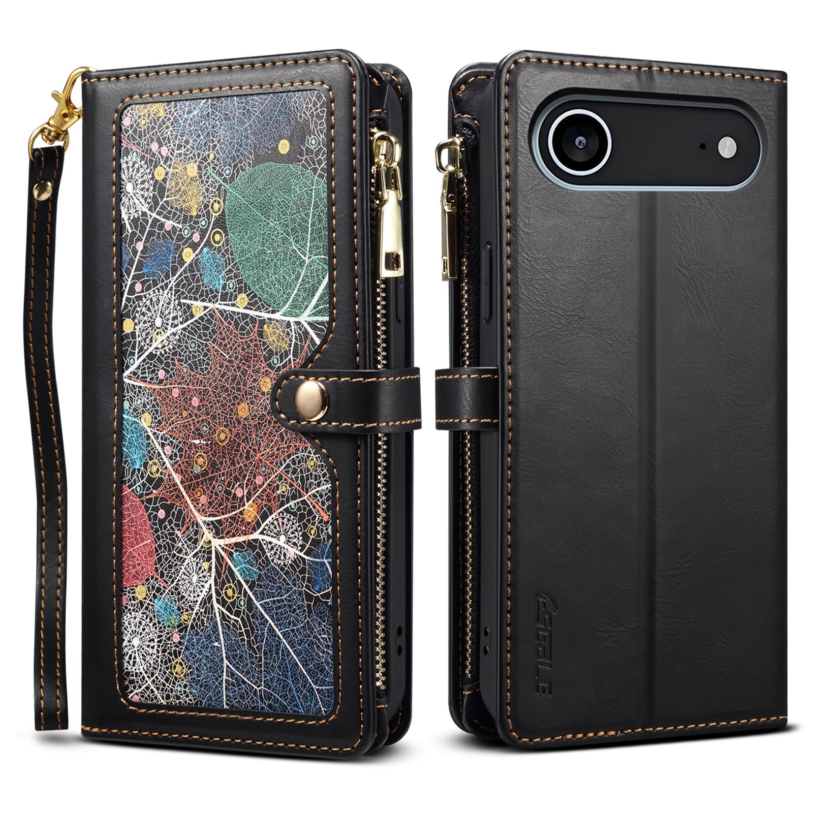 

ESEBLE Galaxy Series For iPhone 17 Air Case RFID Blocking Leather Zipper Phone Cover with Shoulder Strap+Wrist Strap Black