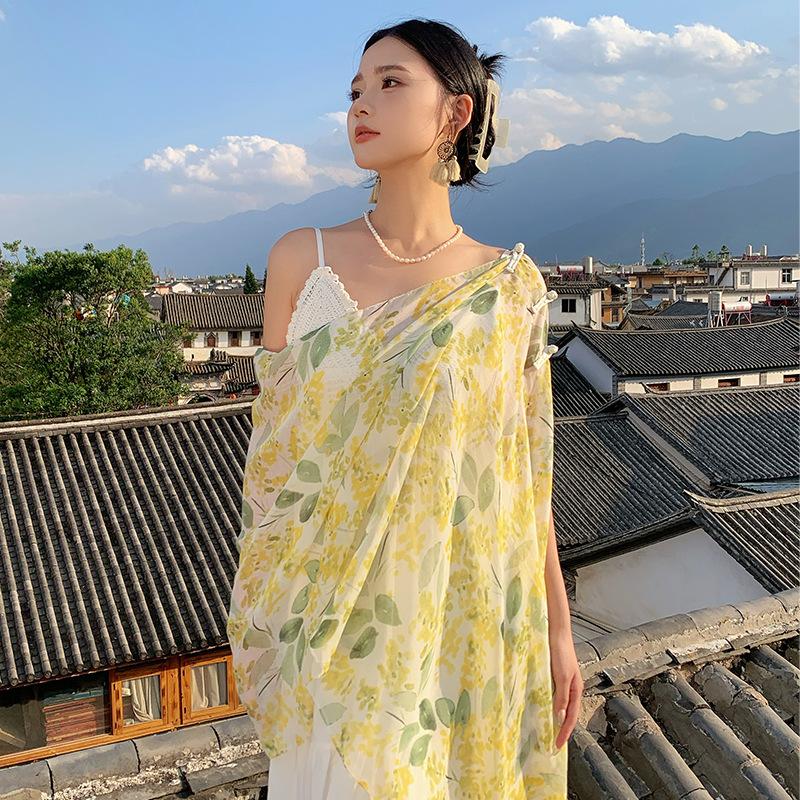 Casual small fresh personalized yellow spike flower cloak niche ethnic style personalized buckle comfortable breathable shawl 60*255