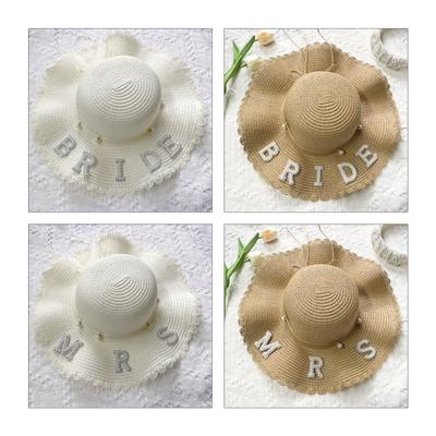 Handmade Wedding Party Bride Hat with Pearl BRIDE/MRS Letter Decors Bridal Straw Weaving Fedoras Hat with Wave Brim