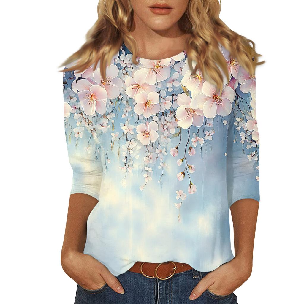 Women's Fashionable Casual Three Quarter Sleeve Printed Round Neck Top