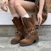 Cowhide version~ Retro knight boots women's thick-soled thick-heeled Martin boots belt buckle mid-tube western cowboy boots locomotive boots