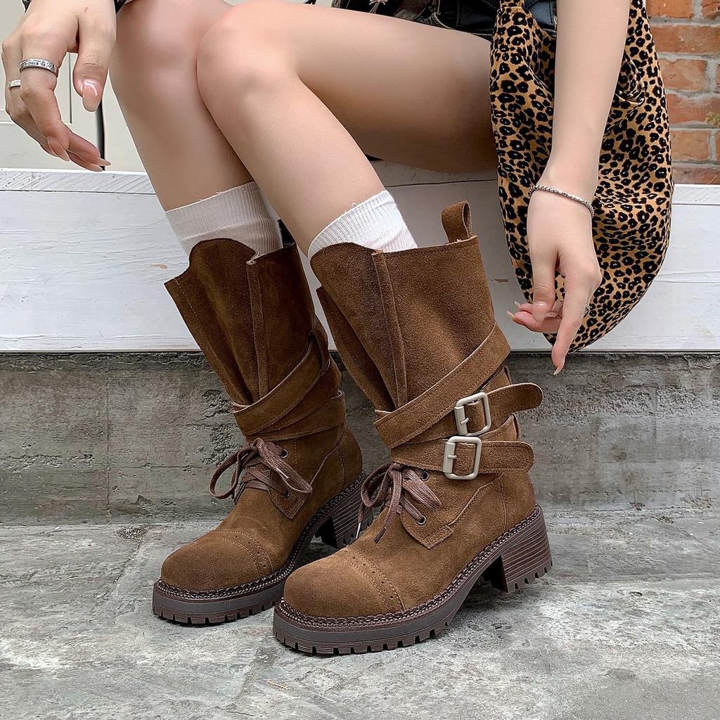 Cowhide version~ Retro knight boots women's thick-soled thick-heeled Martin boots belt buckle mid-tube western cowboy boots locomotive boots