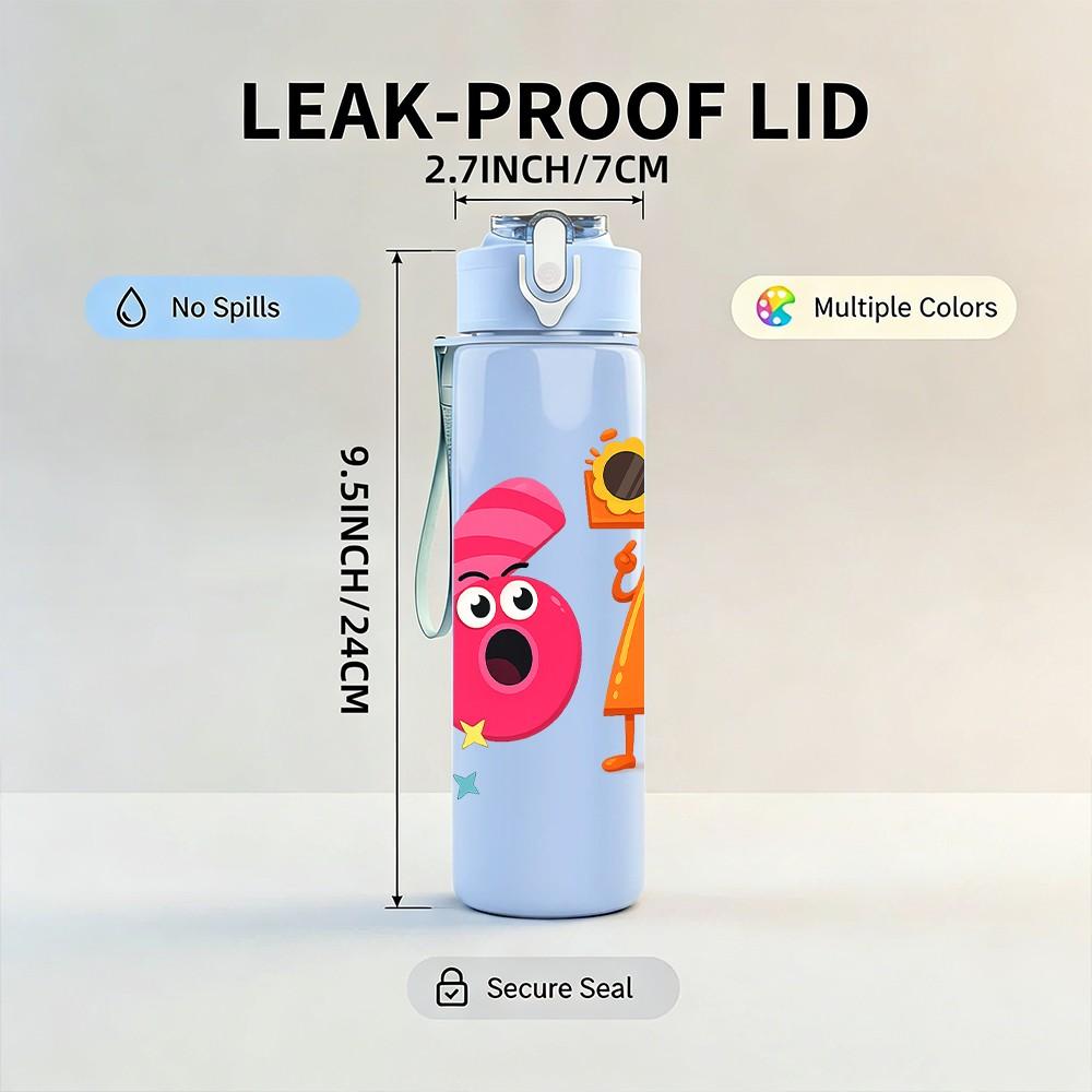 1PC 6 Cartoon Character Number Print 750ml Color Plastic Sports Water Bottle Leakproof Flip Straw Lid Suitable for Sports Office Home Use
