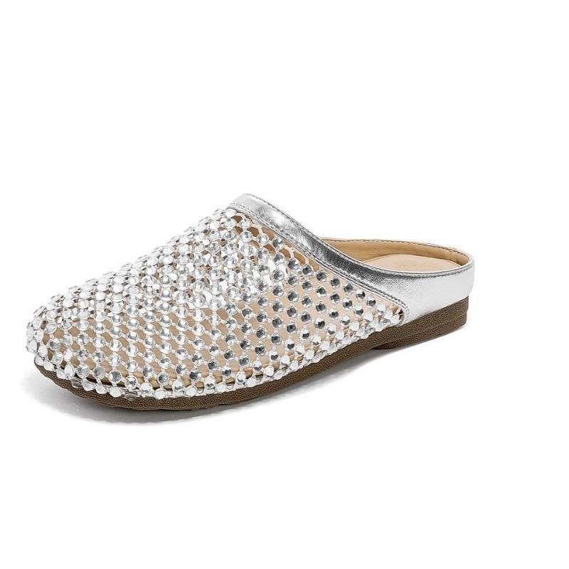 

Rhinestone Slip Lazy Baotou Half Slippers Women Summer Outside Fashion New Soft Sole Non-slip Flat Slippers 40 срібний