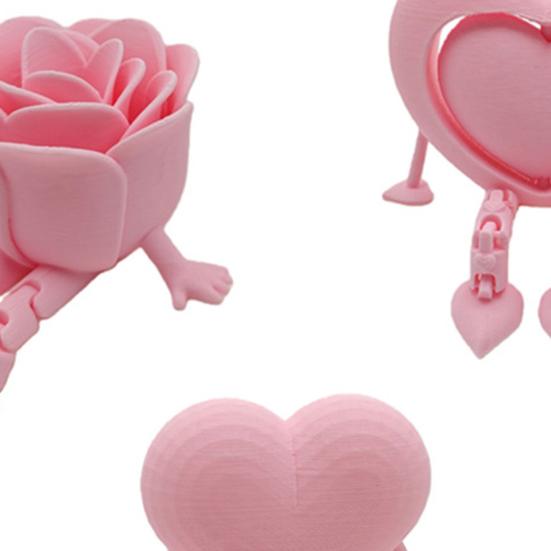 3 Pcs 3D Printed Valentine's Day Decoration Articulated Pink Heart Rose Figurine with Flexible Legs for Office Home Shelf Decor Lovers