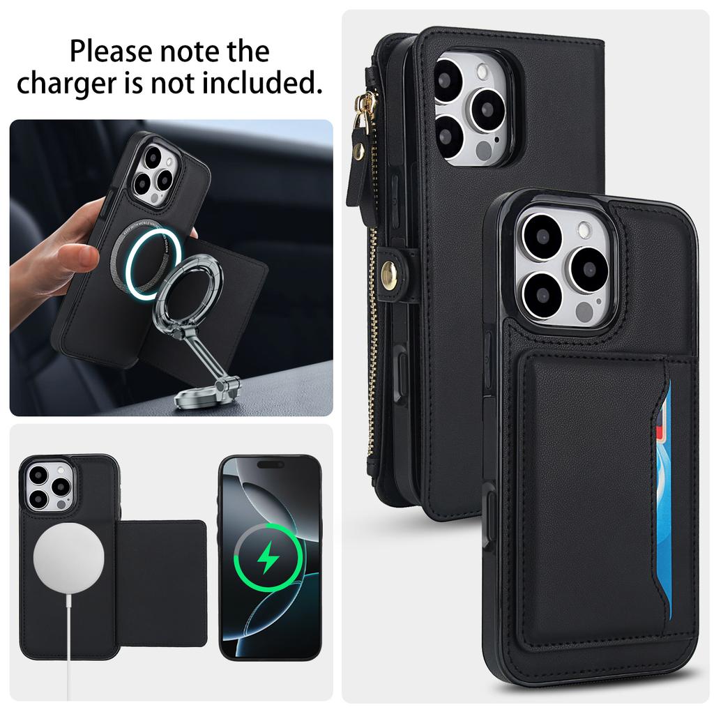 For iPhone 16 Pro Max Wallet Case Magnetic Detachable PU Leather Phone Cover with 2 Straps