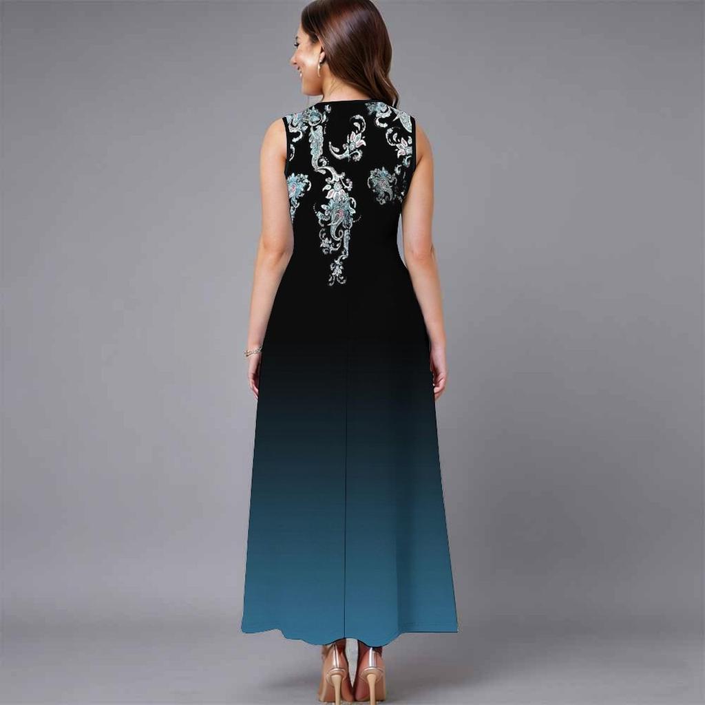 Ladies Oversized Sleeveless Round Neck Dress Vibrant Large Bouquet Floral Loose Midi Gown