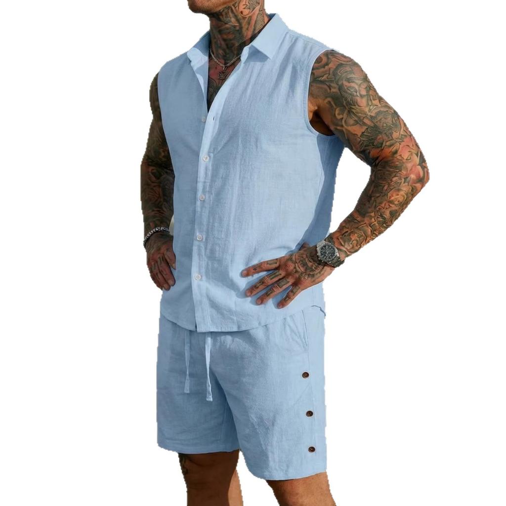 Men’s Summer Sleeveless Collared Shirt Set – Plain-Coloured Linen Casual Beach Outfit
