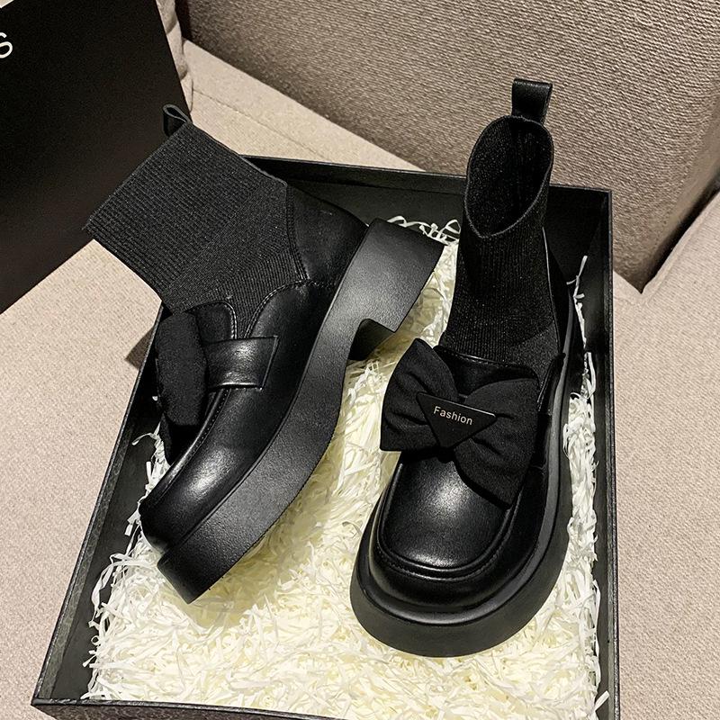 

Женские черные кожаные эластичные ботильоны-носки с бантом - Коллекция весна/осень 2025 38