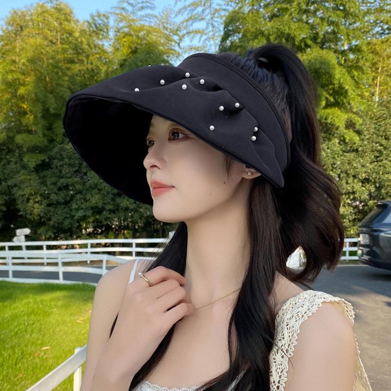 Small Pearl Big Eaves Empty Top Shell Hat Women's Summer Travel Sun Protection Fresh and Elegant Sun Hat Headband Sun Hat