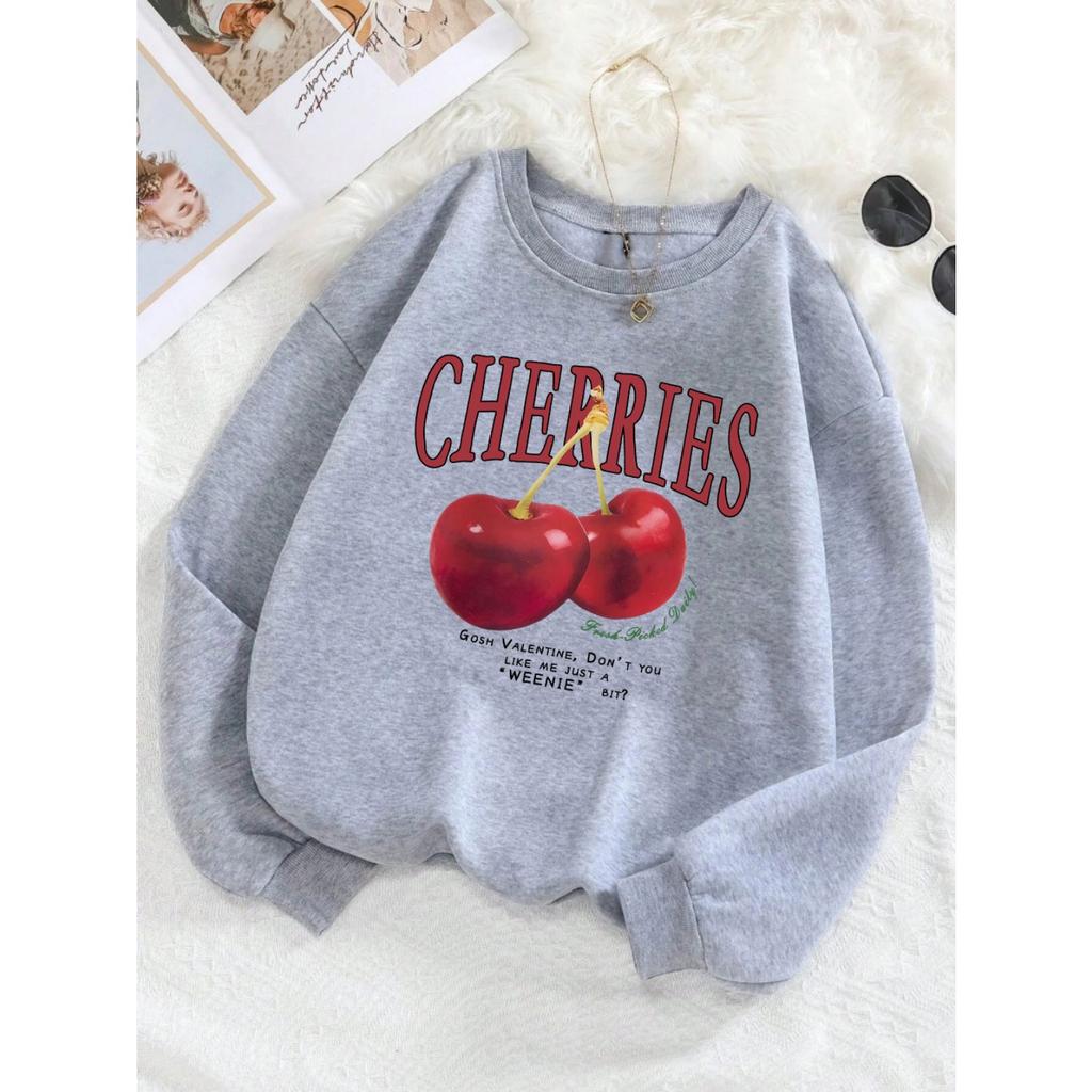 Felpa da Donna alla Moda Stampa Ciliegie Rosse Fresche Pullover Girocollo Pile Morbido Traspirante Felpa con Cappuccio Autunno Streetwear Femminile