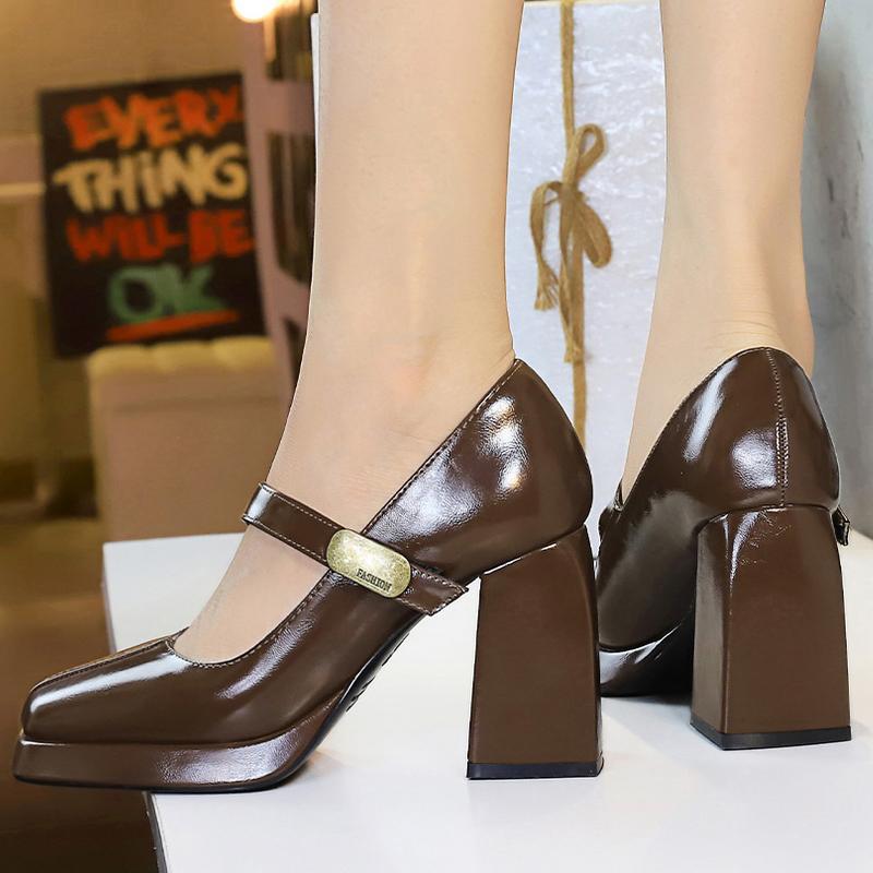 Boty Retro Robustní Dámské Lodičky Blokový Podpatek Dámské Boty Kovová Spona Střední Podpatek Boty Platforma Vysoké Podpatky 9 cm Dámské Boty