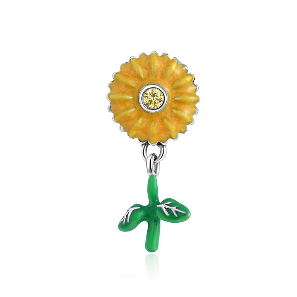 New 925 Silver Fashion Golden Sunflowers Heart Charm Beads Fit Pendant Original Bracelets Party Gift DIY Jewelry