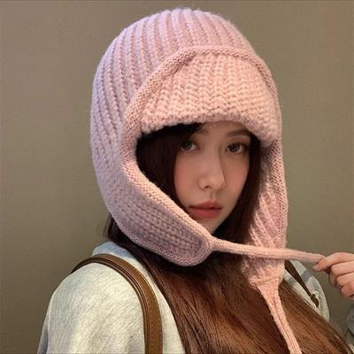 Bonnet en maille avec protection pour les oreilles pour femme - Couleur unie, à lacets, design visage fin, chaud, style coréen, bonnet Lei Feng