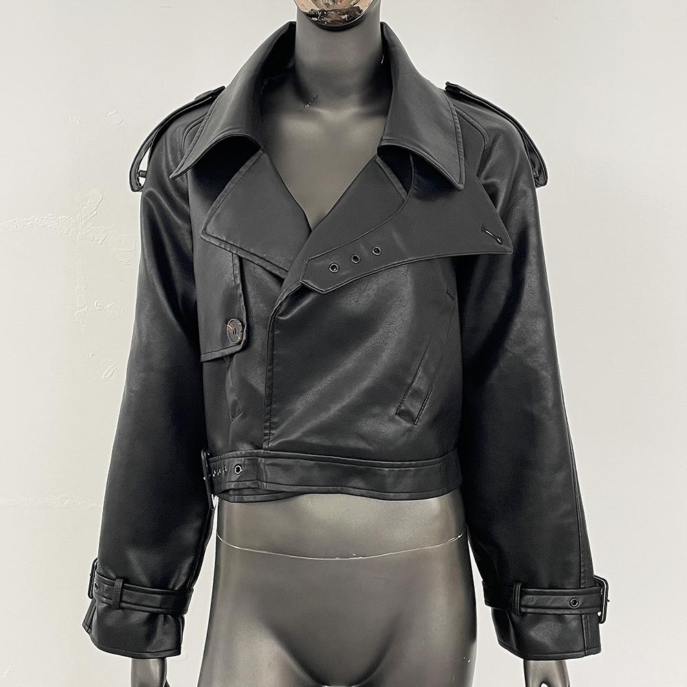 OFTBUY Dámská vintage volná krátká bunda z umělé kůže s páskem na motorku, dámská retro moto bikerská bunda, svrchní prádlo, topy