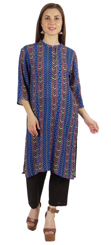 Moomaya Printed Womens Kurti 3 4 Sleeve Mandarin Collar Straight Kurta Soft Summer