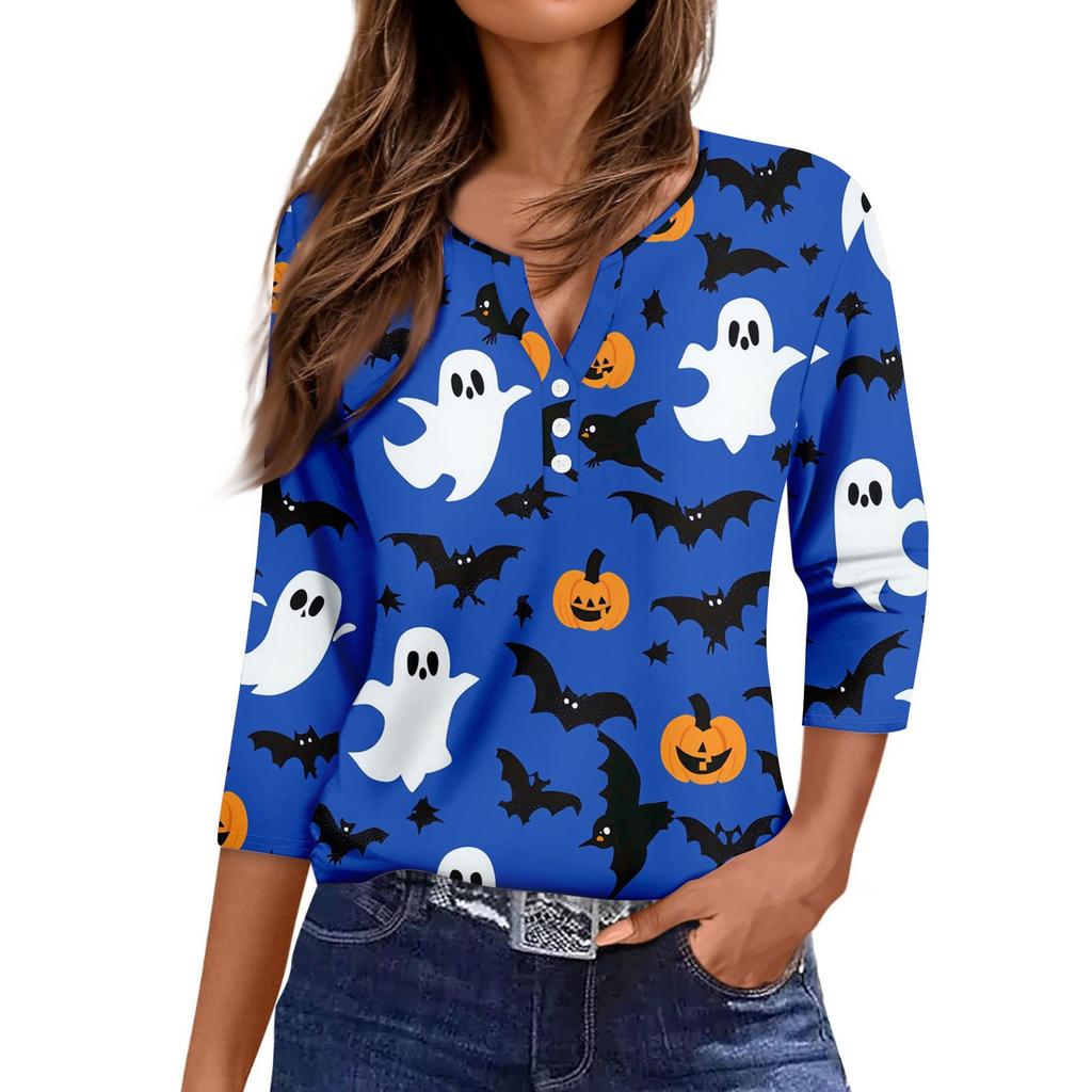 Women's Casual Fashion V-neck Loose Versatile Halloween Print Three-quarter Sleeve Top