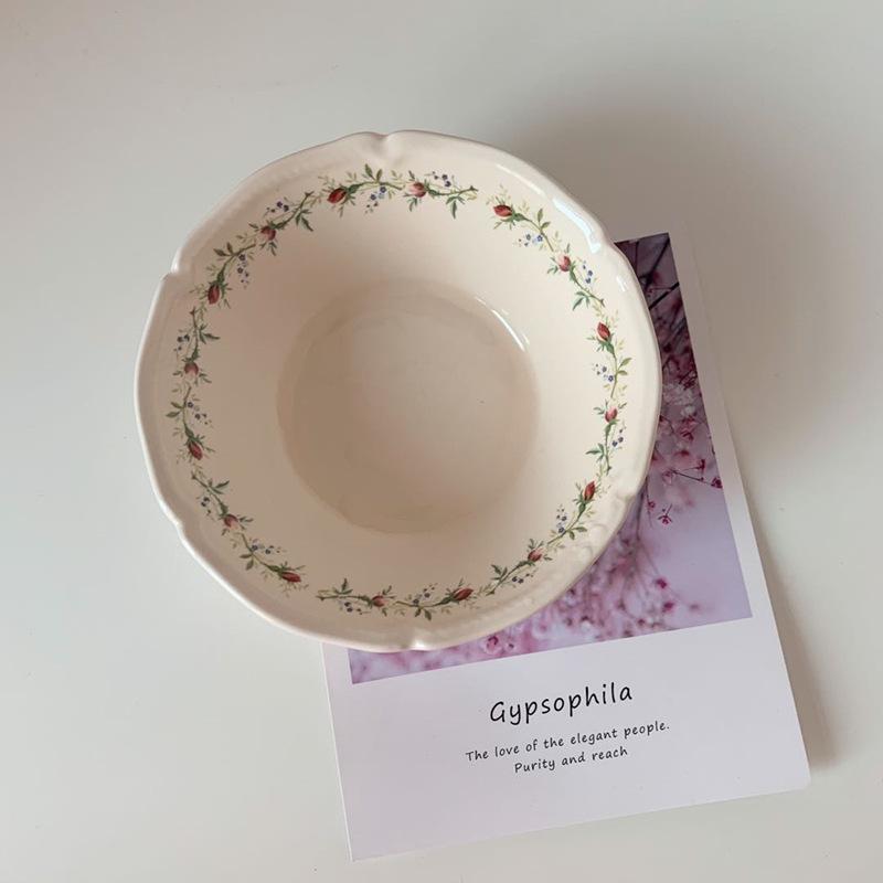 New French Retro Small Flower Relief Ceramic Western Steak Pasta Plate Yogurt Salad Bowl Dessert  Dish  Serving
