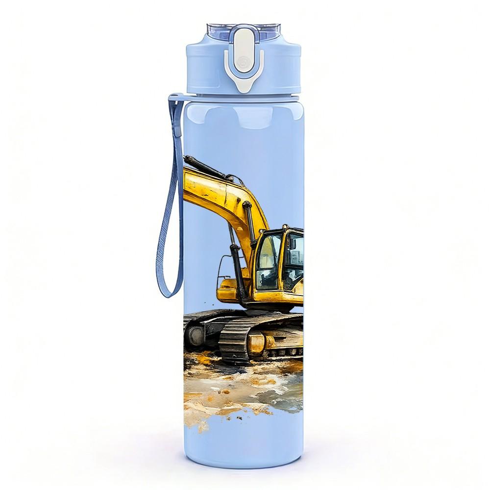 1PC Yellow Excavator Construction Vehicle Print 750ml Color Plastic Sports Water Bottle Leakproof Flip Straw Lid Suitable for Sports Office Home Use