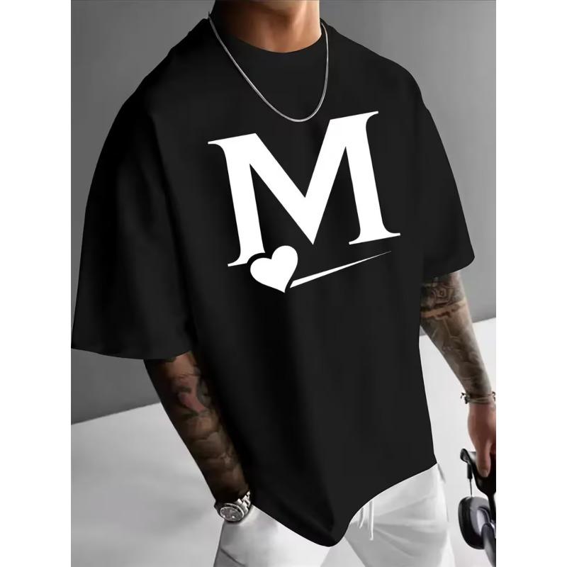 T-shirt casual da uomo a maniche corte, taglia europea, con grande lettera M e stampa a forma di cuore