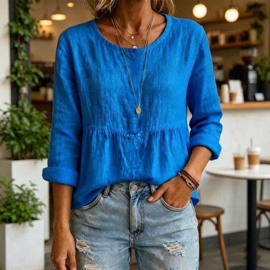Women Tops Long Sleeve Round Neck Loose Fit Pullover Tops with Pleated Hem Pure Color Spring Summer Casual Shirt