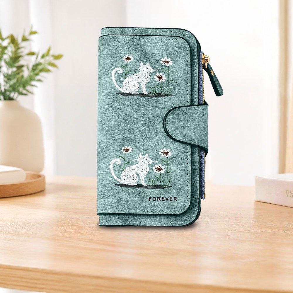 Floral White Cat Long Zipper Wallet, Large Capacity Card Holder, Unisex Clutch Bag, Fashionable Zipper Coin Purse, Suitable for Daily Use, A Great