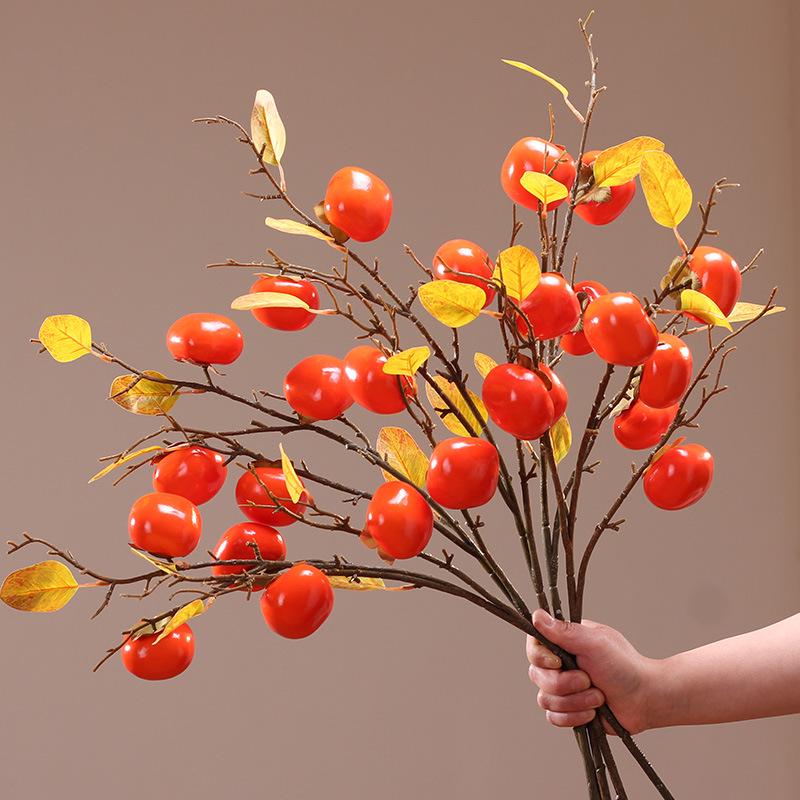 Artificial Pomegranate and Persimmon Fruit Flower Branch for Living Room or Entryway Decor