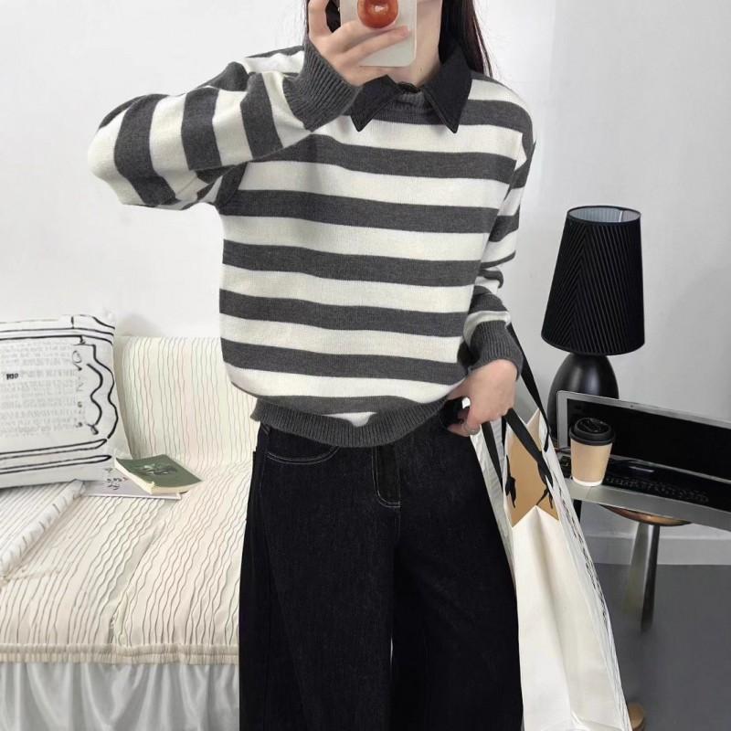 Womens Oversized Knit Sweater With Shirt Collar Color-Block Striped Long Sleeve Pullover Winter Office Wear