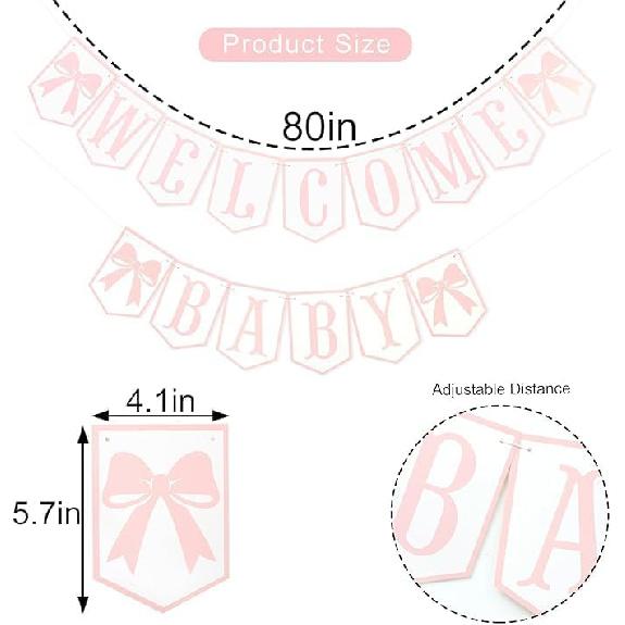 Welcome Baby Party Decorations - Pink Bow Banner,Pink Bow Welcome Baby Banner,Girls Gender Reveal Party Photo Props,Bow Theme Baby Party Hanging