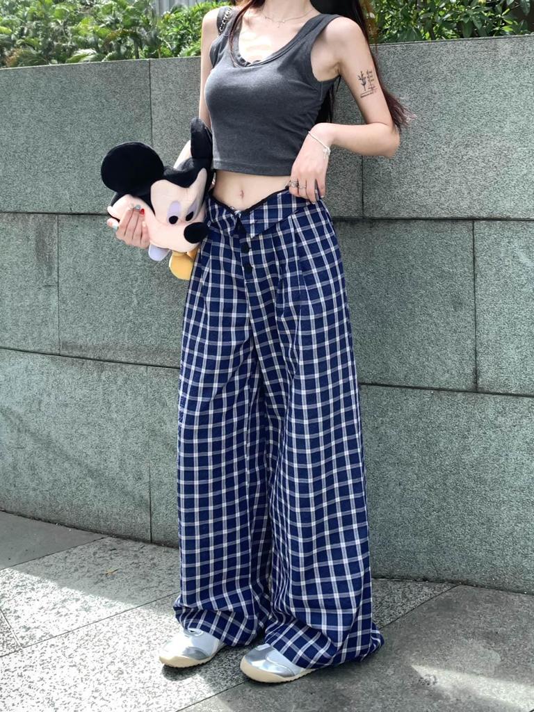 Women's Retro Plaid Wide-Leg High-Waisted Pants - Early Autumn Floor-Length Style