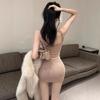 Pure Desire Sexy Lace Splicing V-neck Suspender Dress Slim and Tight with Chest Pad Pleated Bottom Hip Wrap Skirt
