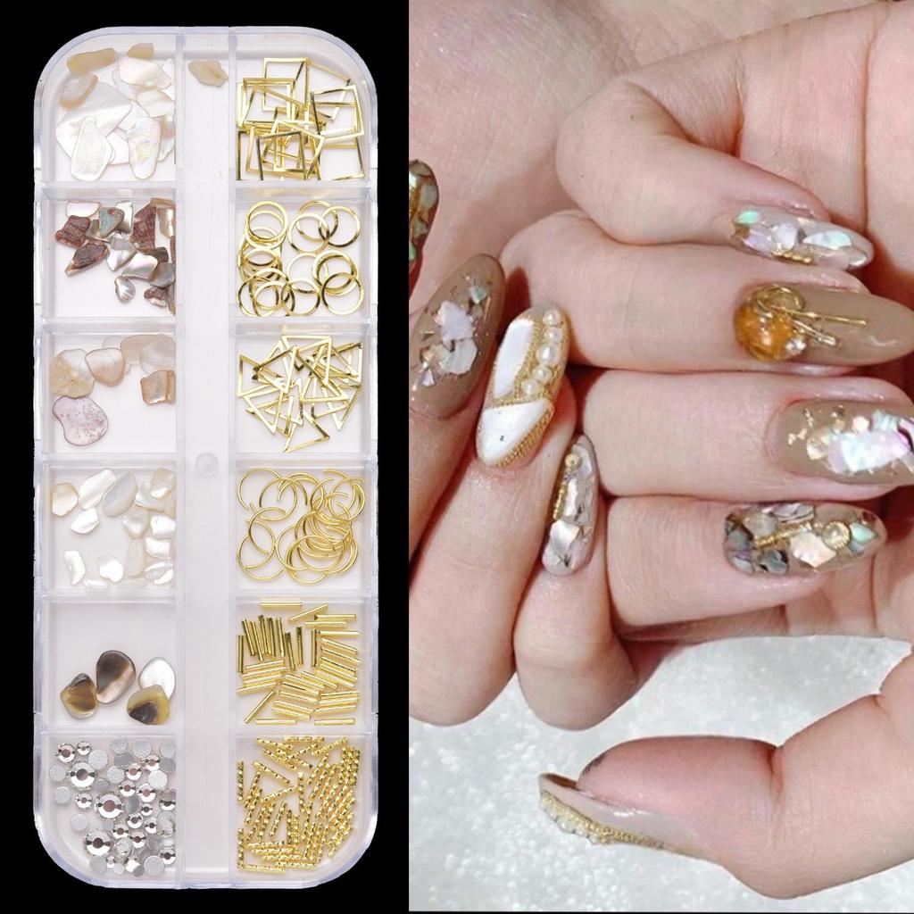 Ultra-Thin Abalone Nail Art Kit: 12-Grid Mixed Ornaments with Shells, Rivets, Pearls, and Rhinestones.