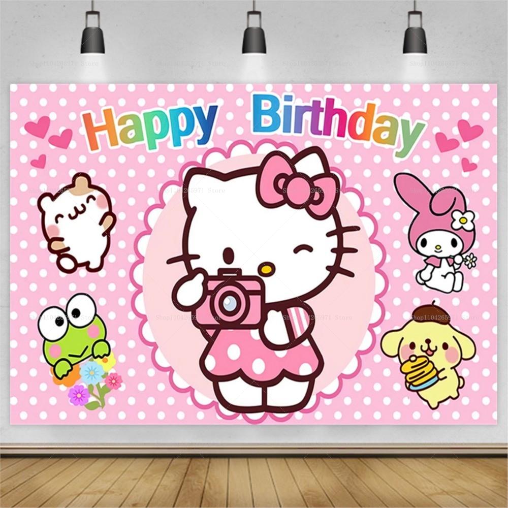 Hello Kitty Happy Birthday Backdrop Cute Pink Cartoon Theme Kids Girls Baby Shower Party Photo Background Banner Decor Supplies