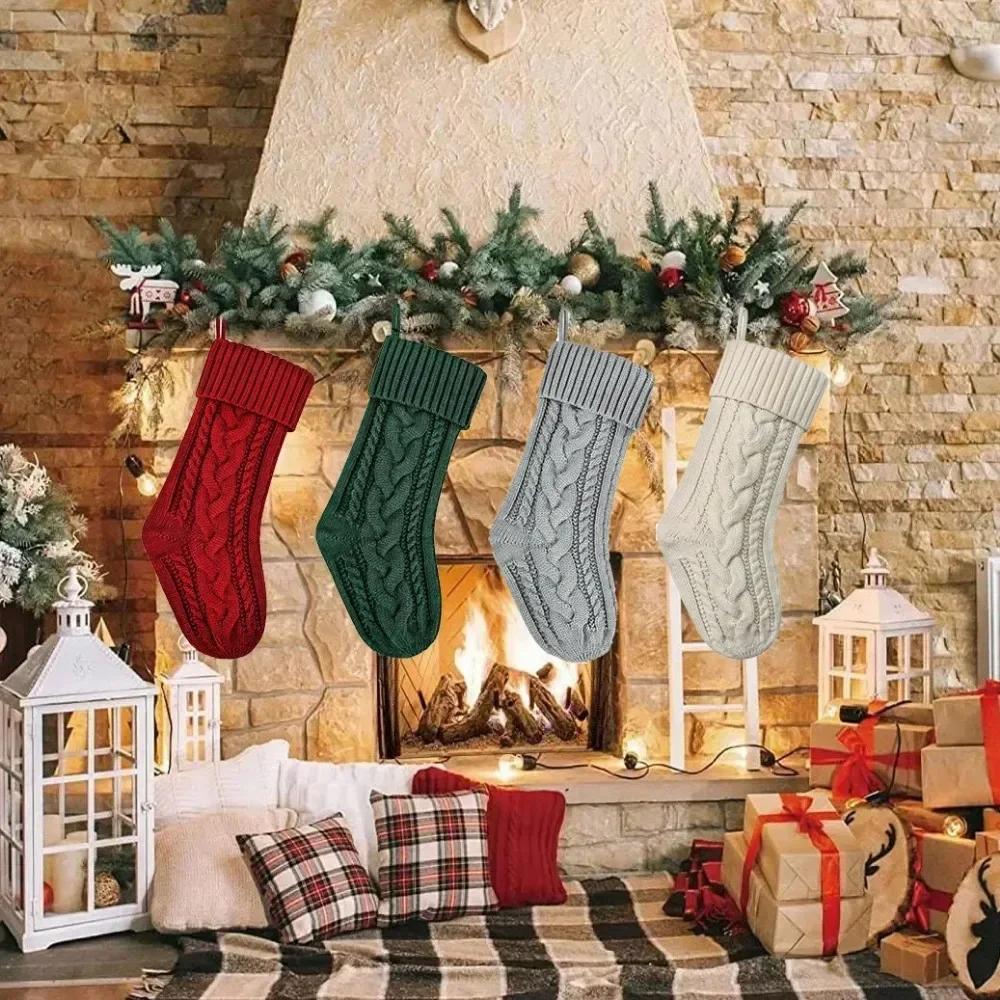 1PC Christmas Stockings Cable Knit Stocking Christmas Gifts Holiday Stocking Xmas Decoration Candy Christmas Socks Length 46cm