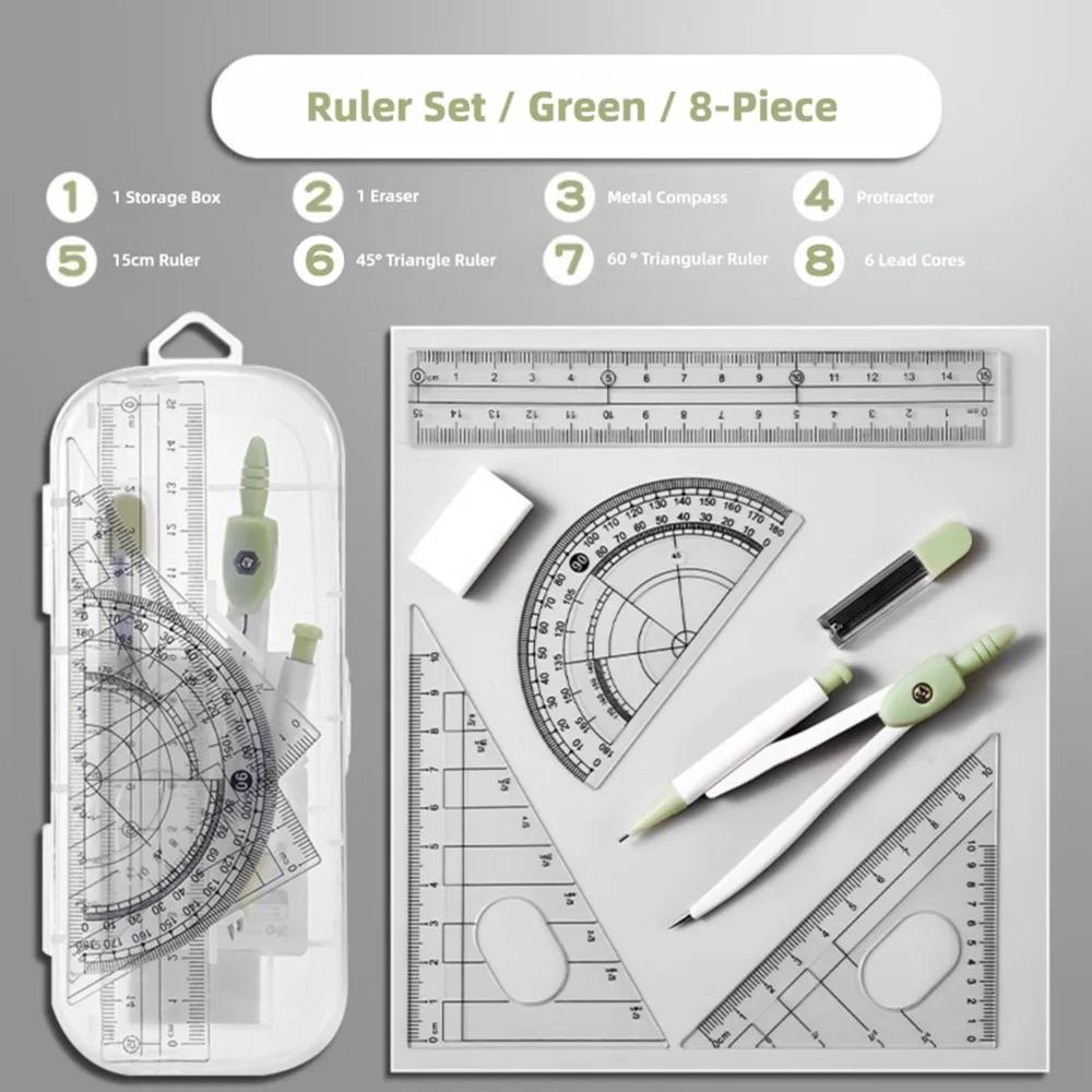8PCS/Set Plastic Ruler Compasses Set Transparent Eraser Protractor Straight Ruler Set Square Drawing Tool School Office