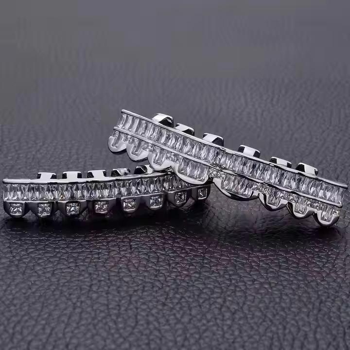 Fashion Eight Tooth Brass Grillz Hip Hop Bling Iced T-Square Zircon Gold Plated Jewelry for Party