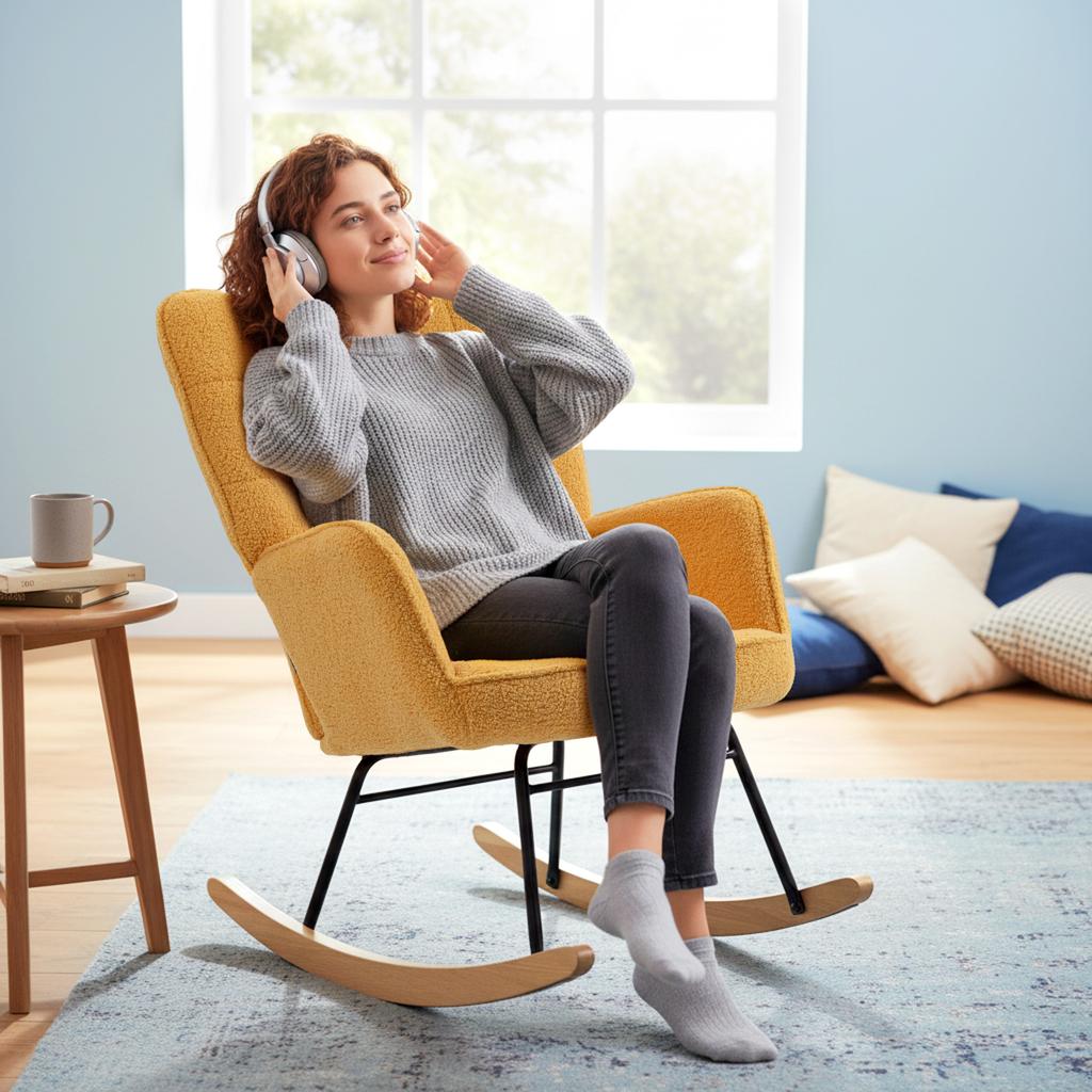 Sheepskin Rocking Chair, 40° Rocking, Beech Wood Legs, 120 kg, 71 x 98 x 101 cm, Yellow