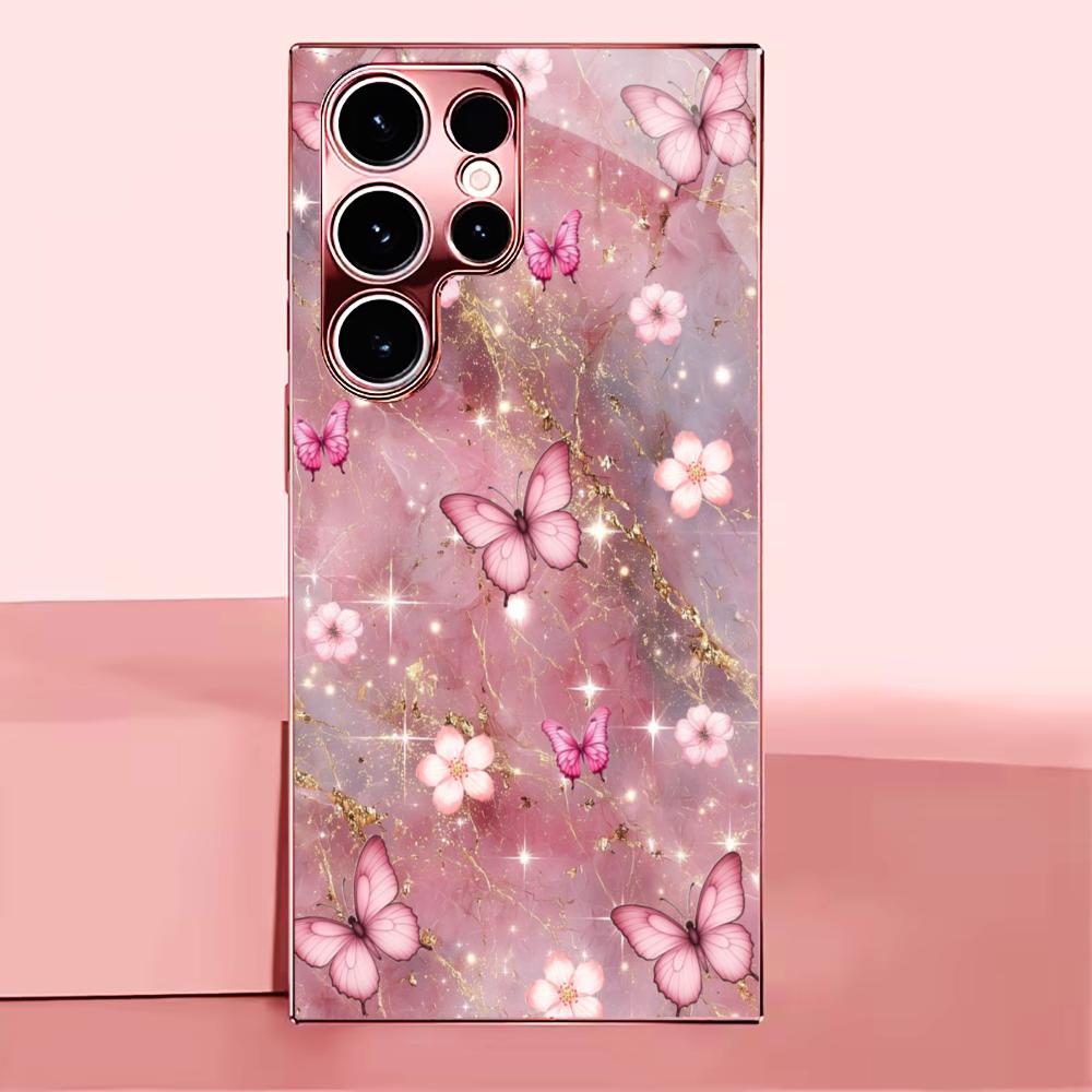 Butterfly Flower Sea Madam Pink Glass PhoneCase for Samsung Galaxy S26 S25 S24 S23 S22 S21 FE Ultra Plus Dropresistant Female