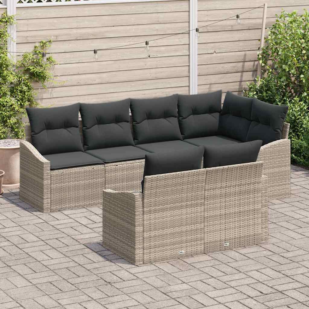 7 Piece Sofa Set with Cushions Light Grey Poly Rattan