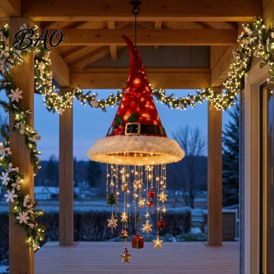 Indoor Christmas Craft Supplies Light?Up Santa Hat Hanging Chandelier DIY Kit, Warm LED String Lights Decorative Ornament Pendant with Star Tassel,
