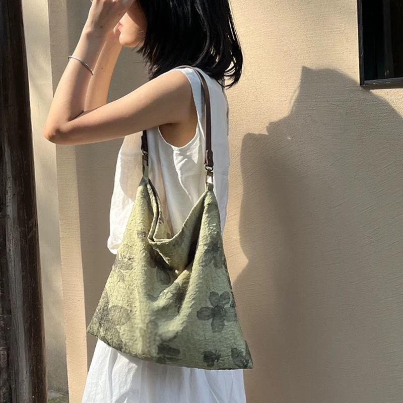 Literary Retro Texture Ink Plain Cloth Bag All-matching Niche Leather Rope Shoulder Underarm Women s Backpack