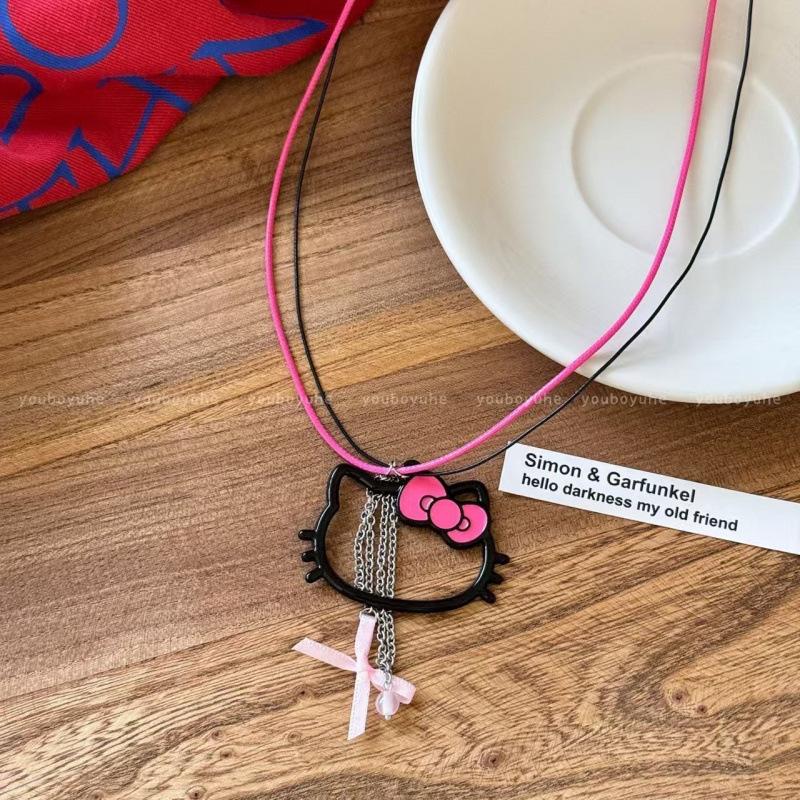 Wax Rope Bow Kitten Pendant Necklace Sweet Versatile Collarbone Chain Simple Fashion High Sense Jewelry Women