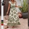 TIFICY Damenmode Sommer Frühling Blumenmuster Druck Kurzarm V-Ausschnitt Hohe Taille Freizeitkleider