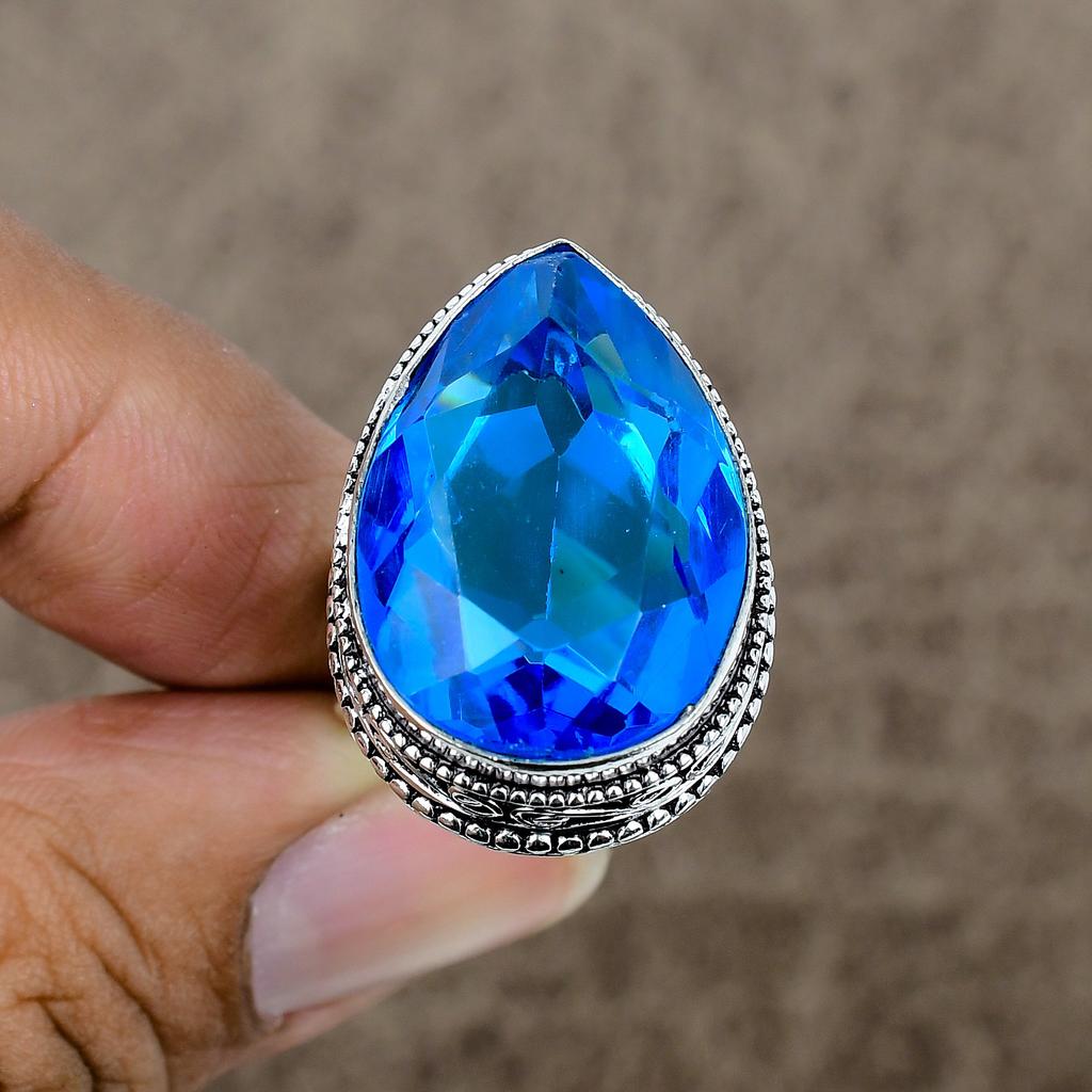 Blue Topaz Genstone Handmade 925 Sterling Silver Jewelry Ring Size 7.5 KKG-467