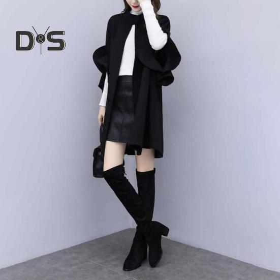 Abrigo de invierno para mujer, con mangas tipo pétalo, cuello alto, corte en A, capa de punto abierto, cárdigan de largo medio, abrigo de lana para exteriores, poncho