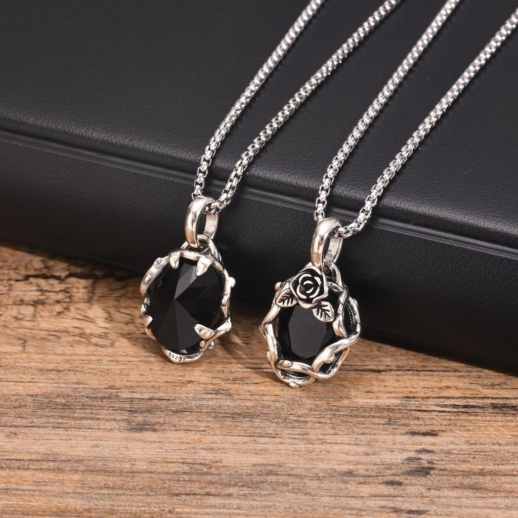 Gothic Black Stone Necklaces for Men Women,Thorn Rose Metal Pendant Collar,Rock Punk Fashion Jewelry Gift