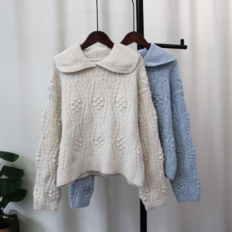 Autumn and Winter New Retro Lapel Three-dimensional Knitted Sweater Top Loose Soft Waxy High-end Sweater Pullover Woman