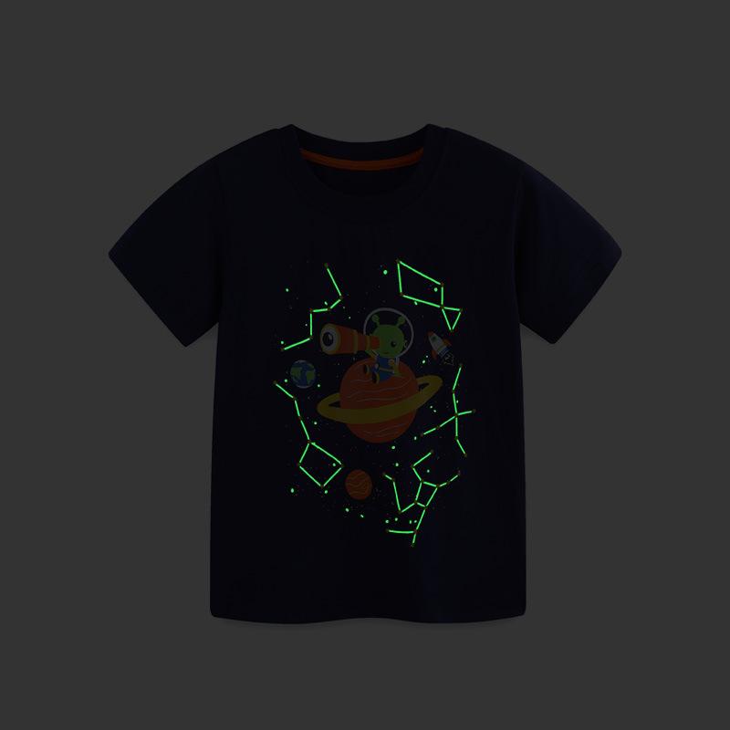 Summer New Arrival Boys' Short-Sleeved T-Shirt Fashionable Glow-in-the-Dark Cartoon Print Children's Crew Neck Sweatshirt
